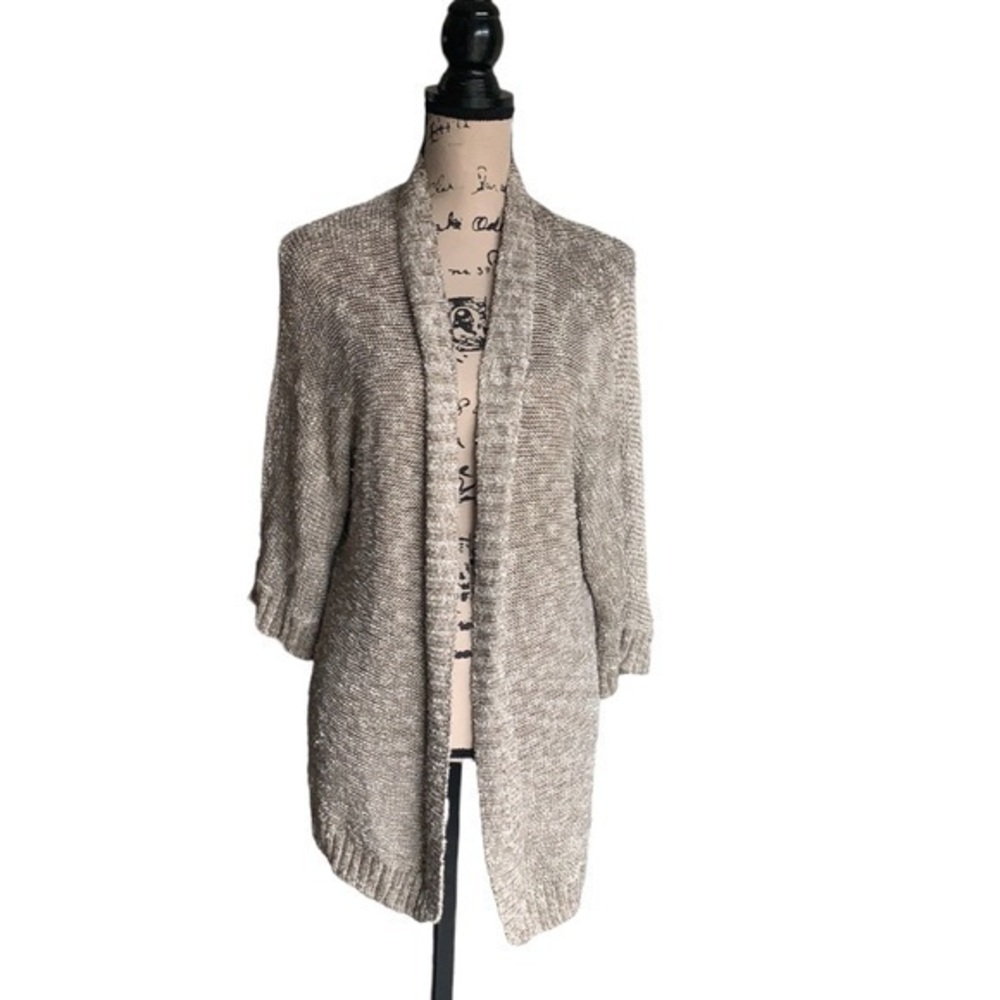 White + Warren Brown and Cream Open Cardigan